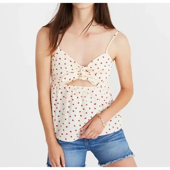 Madewell Women's Size 2 Cotton Tie-Front Keyhole Cami Top in Fresh Strawberries - Picture 1 of 12